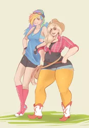 Size: 1280x1837 | Tagged: applebucking thighs, applejack, artist:sundown, boots, chubby, clothes, converse, cosplay, derpibooru import, fanart of cosplay, hair over one eye, hand on hip, human, humanized, knee-high boots, looking at you, pantyhose, rainbow dash, safe, shoes, smiling, thighs