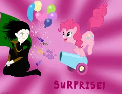 Size: 2196x1698 | Tagged: safe, artist:kathythegoth, derpibooru import, pinkie pie, earth pony, human, pony, balloon, confetti, crossover, duo, female, loki, male, mare, party cannon, pink background, simple background
