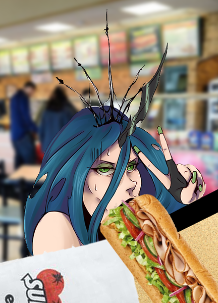 Size: 488x678 | Tagged: artist:sundown, black lipstick, derpibooru import, edit, explicit source, food, human, humanized, humor, irl, lipstick, not porn, peace sign, photo, queen chrysalis, questionable, sandwich, sandwich censorship, subway