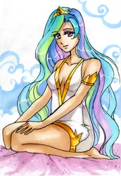 Size: 941x1370 | Tagged: artist:rikeza, cleavage, derpibooru import, female, human, humanized, princess celestia, safe, solo