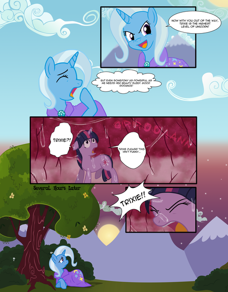 Size: 3900x5000 | Tagged: questionable, artist:kitti, derpibooru import, trixie, twilight sparkle, pony, unicorn, comic, dialogue, female, fetish, full tour, internal, mare, micro, preylight, shrinking, tree, trixie predamoon, vore