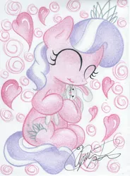 Size: 1728x2352 | Tagged: artist:jackie00liza, cute, daaaaaaaaaaaw, derpibooru import, diamondbetes, diamond tiara, eyes closed, heart, hug, rabbit, safe, solo, traditional art