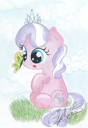 Size: 1824x2640 | Tagged: artist:jackie00liza, butterfly, cloud, cloudy, cute, derpibooru import, diamondbetes, diamond tiara, grass, open mouth, safe, solo, traditional art