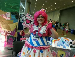 Size: 3648x2736 | Tagged: 2014, artist needed, artist:rockcandy01, bronycon, clothes, convention, cosplay, derpibooru import, dress, fashion angels, gala dress, human, irl, irl human, photo, pinkie pie, safe, sign, solo