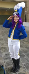 Size: 740x1841 | Tagged: 2014, ancient wonderbolts uniform, artist needed, artist:yupso, boots, bronycon, clothes, convention, cosplay, costume, derpibooru import, fake horn, feather, hat, human, irl, irl human, pants, photo, rarity, safe, salute, sgt. rarity, shako, shoes, solo, testing testing 1-2-3, uniform, wig