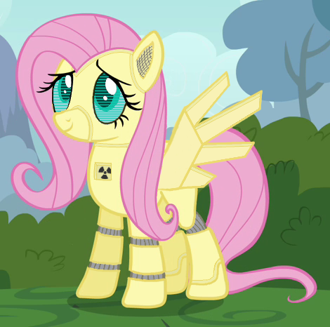 Size: 470x466 | Tagged: safe, artist:tineid, derpibooru import, fluttershy, pegasus, pony, robot, robot pony, flutterbot, ionizing radiation warning symbol, logo, radioactive, solo