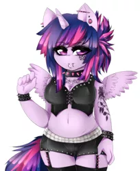 Size: 1690x2067 | Tagged: suggestive, artist:mixipony, derpibooru import, twilight sparkle, anthro, belly button, bra, breasts, chubby, clothes, female, midriff, pentagram, piercing, punk, shorts, solo, solo female, spread wings, tattoo, twilight sparkle (alicorn), underwear