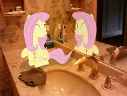Size: 2592x1944 | Tagged: anonymous artist, artist:tokkazutara1164, bathroom, derpibooru import, eyes closed, fluttershy, irl, mirror, photo, ponies in real life, reflection, safe, sink, smiling, solo, vector
