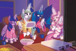 Size: 1024x683 | Tagged: safe, artist:princrim, derpibooru import, princess cadance, princess celestia, princess luna, twilight sparkle, twilight sparkle (alicorn), alicorn, pony, :p, alicorn tetrarchy, angry, bunny slippers, clothes, controller, couch, eating, female, magic, mare, nintendo, open mouth, pajamas, pizza, ponytail, popcorn, prone, robe, sitting, slippers, slumber party, spread wings, telekinesis, television, tongue out, wide eyes, wii remote, wii u, wii u touchpad, wink