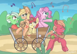 Size: 1600x1131 | Tagged: safe, artist:geckogeek, derpibooru import, apple bloom, applejack, big macintosh, granny smith, pinkie pie, earth pony, pony, pinkie apple pie, apples to the core, banjo, cart, eyes closed, male, musical instrument, scene interpretation, singing, stallion