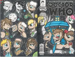 Size: 1024x787 | Tagged: safe, artist:ponygoddess, derpibooru import, derpy hooves, doctor whooves, roseluck, time turner, pegasus, pony, clothes, comic, cover, doctor who, eighth doctor, eleventh doctor, eyes closed, female, fifth doctor, first doctor, fourth doctor, frown, glare, grin, jacket, mare, moon, ninth doctor, planet, raised eyebrow, scarf, second doctor, seventh doctor, sixth doctor, smiling, sonic screwdriver, tardis, tenth doctor, thinking, third doctor, twelfth doctor, war doctor