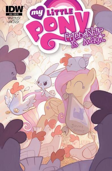 Size: 600x911 | Tagged: angel bunny, angel is a bunny bastard, artist:jennifer l. meyer, chicken, cover, derpibooru import, fluttershy, idw, idw advertisement, safe