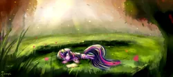 Size: 2140x955 | Tagged: dead source, safe, artist:shamanguli, derpibooru import, twilight sparkle, unicorn, book, floppy ears, forest, reading, scenery, side, smiling, solo, unicorn twilight