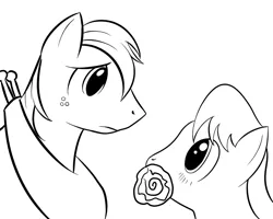 Size: 1000x800 | Tagged: safe, artist:kloudmutt, derpibooru import, big macintosh, caramel, earth pony, pony, blushing, caramac, flower, flower in mouth, gay, lineart, male, monochrome, mouth hold, shipping, stallion