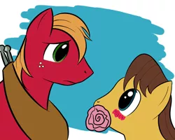 Size: 1000x800 | Tagged: safe, artist:kloudmutt, derpibooru import, big macintosh, caramel, earth pony, pony, blushing, caramac, colored, flower, flower in mouth, gay, male, mouth hold, shipping, stallion