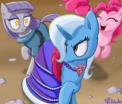 Size: 1280x1093 | Tagged: safe, artist:foudubulbe, derpibooru import, maud pie, pinkie pie, trixie, pony, comic:damp rocks, blushing, clothes, dress, female, hair over one eye, lesbian, mauxie, necklace, shipping, starry eyes, tsundere, tsunderixie