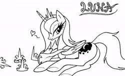 Size: 600x365 | Tagged: safe, artist:ricedawg, derpibooru import, ponibooru import, princess luna, alicorn, pony, bedroom eyes, female, heart, hoof shoes, lidded eyes, lineart, looking at you, looking back, mare, missing accessory, monochrome, moonbutt, peytral, plot, prone, s1 luna, side, simple background, smiling, solo, spoken heart, text, underhoof, undressing, wet mane, white background