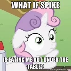 Size: 500x500 | Tagged: suggestive, derpibooru import, sweetie belle, pony, unicorn, caption, exploitable meme, female, filly, floppy ears, frown, image macro, implied cunnilingus, implied foalcon, implied oral, implied sex, implied spike, meme, sudden clarity sweetie belle, wide eyes