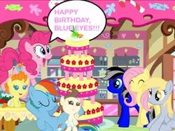 Size: 1024x768 | Tagged: safe, derpibooru import, derpy hooves, fluttershy, pinkie pie, pound cake, pumpkin cake, rainbow dash, oc, oc:blue eyes, pegasus, pony, pony creator, birthday, cake, female, mare, recolor, speech bubble, sugarcube corner