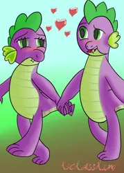 Size: 500x700 | Tagged: artist:kickassking, barb, derpibooru import, female, heart, holding hands, love, male, request, rule 63, safe, selfcest, self ponidox, shipping, spike, spikebarb, straight, walking