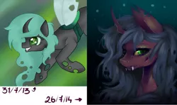 Size: 2000x1187 | Tagged: artist:saoiirse, before and after, changeling, comparison, derpibooru import, draw this again, motivational, oc, safe, smirk, unofficial characters only