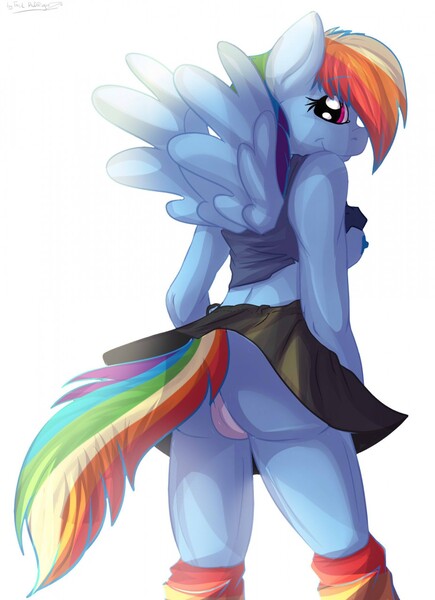 Size: 928x1280 | Tagged: anthro, artist:evange, artist:tailung, ass, breasts, clothes, derpibooru import, female, nipples, panties, questionable, rainbow dash, raised tail, shirt lift, sideboob, skirt, solo, solo female, tail upskirt, tanktop, underwear, upskirt, white underwear