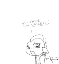 Size: 559x600 | Tagged: abuse, artist:carnifex, barb, crying, derpibooru import, dialogue, monochrome, question, rule 63, sad, safe, sketch, solo, spike, spikeabuse