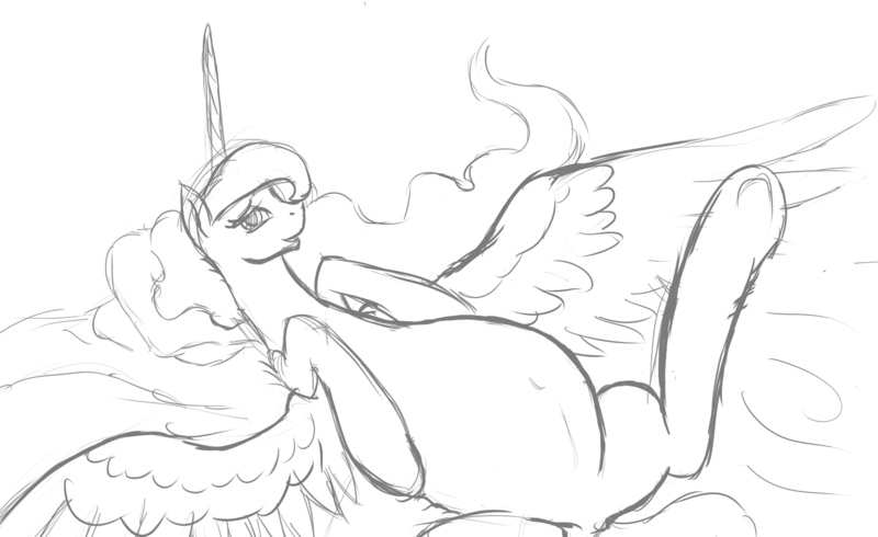 Size: 1559x955 | Tagged: artist:patch, bedroom eyes, belly, derpibooru import, grin, looking at you, missing accessory, monochrome, on back, pregnant, princess luna, safe, sketch, smiling, solo, spread legs, spread wings, underhoof