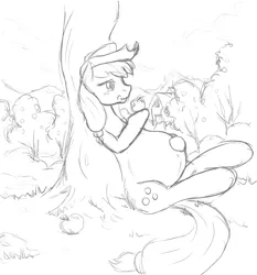 Size: 1265x1355 | Tagged: safe, artist:patch, derpibooru import, applejack, earth pony, pony, apple, belly, belly button, eating, female, hat, licking lips, lineart, mare, monochrome, preggo jack, pregnant, sitting, sketch, smiling, solo, sweet apple acres, tongue out, tree, under the tree