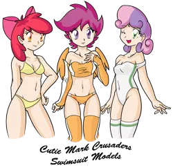 Size: 1172x1140 | Tagged: apple bloom, artist:danmakuman, artist:outlaw-marston, belly button, bikini, breasts, clothes, cutie mark crusaders, evening gloves, female, females only, fingerless gloves, gloves, human, humanized, midriff, older, one-piece swimsuit, scootaloo, socks, stockings, suggestive, sweetie belle, swimsuit, thigh gap, thigh highs