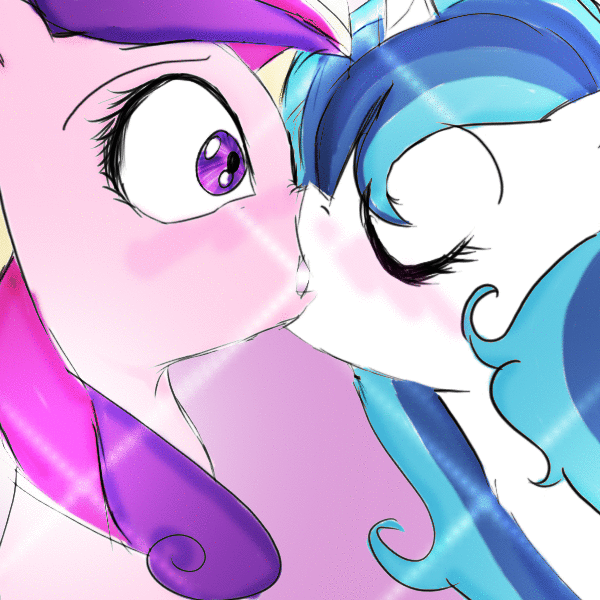 Size: 600x600 | Tagged: safe, artist:sugarberry, derpibooru import, princess cadance, shining armor, pony, unicorn, animated, ask-cadance, blushing, eyes closed, female, gleaming cadance, gleaming shield, kissing, lesbian, not sure if want, rule 63, shipping, tumblr
