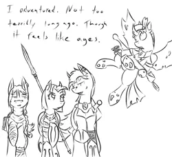 Size: 882x804 | Tagged: artist:cantershirecommons, changeling, crossbow, derpibooru import, kelpie, mistguards-burrow, monochrome, oc, oc:mistguard, safe, spear, unofficial characters only