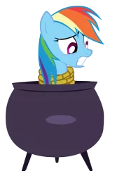 Size: 3342x5000 | Tagged: artist:tardifice, bondage, caught, cauldron, derpibooru import, pony as food, rainbow dash, rope, safe, simple background, solo, tied up, transparent background, vector