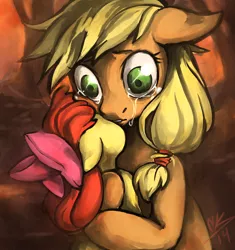 Size: 1024x1088 | Tagged: alternate ending, apple bloom, applejack, artist:heavy-weight, bad end, corpse, crying, death, derpibooru import, despair, feels, fire swamp, realization, sad, semi-grimdark, somepony to watch over me, thousand yard stare