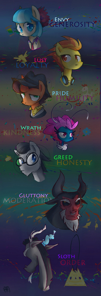 Size: 864x2519 | Tagged: dead source, safe, artist:yuji8sushi, derpibooru import, cheese sandwich, coco pommel, discord, lord tirek, seabreeze, silver shill, spitfire, breezie, centaur, draconequus, earth pony, pegasus, pony, bust, key six, scorpan's necklace, seven deadly sins, seven heavenly virtues