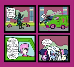 Size: 1024x925 | Tagged: safe, artist:oneovertwo, derpibooru import, bon bon, queen chrysalis, sweetie drops, trixie, twilight sparkle, twinkleshine, equestria girls, comic, trixie enemy of, trixie enemy of a rare situation