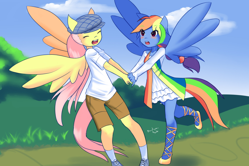 Size: 1800x1200 | Tagged: alternate hairstyle, artist:drantyno, blushing, breasts, clothes, delicious flat chest, dress, flattershy, fluttershy, human, humanized, pony coloring, rainbow dash, safe, shorts, skinny, tailed humanization, winged humanization