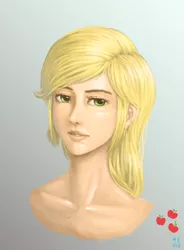 Size: 1676x2277 | Tagged: applejack, artist:mrs1989, bare shoulder portrait, derpibooru import, human, humanized, safe, solo