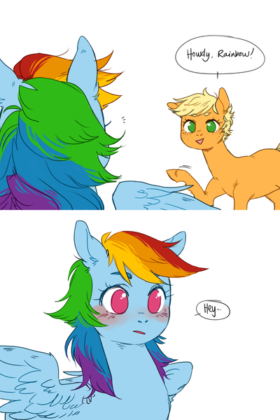 Size: 1000x1500 | Tagged: safe, artist:xarakayx, derpibooru import, applejack, rainbow dash, alicorn, alternate hairstyle, appledash, blushing, comic, dialogue, female, lesbian, no pupils, pixie cut, shipping, short hair