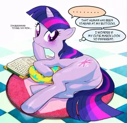 Size: 712x689 | Tagged: suggestive, artist:moudoku, derpibooru import, twilight sparkle, unicorn, blushing, book, embarrassed, engrish, featureless crotch, female, implied anon, looking back, mare, offscreen character, pixiv, plot, solo, solo female, unicorn twilight