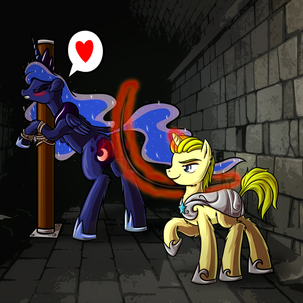 Size: 1200x1200 | Tagged: explicit, artist:xexus, derpibooru import, princess luna, oc, anus, armor, bedroom eyes, blushing, bondage, bondage furniture, bondage post, canon x oc, eyes closed, female, femsub, floppy ears, fluffy, gritted teeth, heart, image, jpeg, lunasub, magic, masochism, nudity, pictogram, ponut, raised hoof, rope, rope bondage, smiling, spanking, submissive, telekinesis, vulva, whip, whip marks, whipping