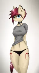 Size: 652x1223 | Tagged: anthro, anthro oc, artist:ninjapony, bell, bell collar, belly button, breasts, clothes, collar, derpibooru import, oc, oc:claret, panties, solo, suggestive, underwear, unofficial characters only