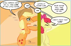 Size: 800x521 | Tagged: suggestive, artist:tozinkai, derpibooru import, apple bloom, applejack, earth pony, pony, somepony to watch over me, applecest, engrish, eyes closed, female, filly, implied foalcon, implied sex, incest, mare, signature