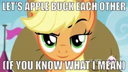 Size: 576x324 | Tagged: applebucking, applejack, bedroom eyes, bronybait, caption, derpibooru import, edit, edited screencap, screencap, suggestive, trade ya