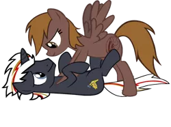 Size: 900x669 | Tagged: safe, artist:slowlearner46, derpibooru import, oc, oc:calamity, oc:velvet remedy, unofficial characters only, pegasus, pony, unicorn, fallout equestria, bedroom eyes, eye contact, female, male, mare, on back, rule 63, shipping, simple background, smiling, spread wings, stallion, straight, transparent background, vector, velamity, wingboner