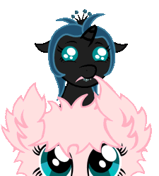 Size: 720x800 | Tagged: safe, artist:bajanic, derpibooru import, queen chrysalis, oc, oc:fluffle puff, changeling, changeling queen, nymph, pony, animated, baby, cute, cutealis, drool, duo, duo female, eye shimmer, fangs, female, filly, foal, looking up, nom, pony hat, simple background, smiling, transparent background, younger