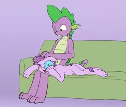 Size: 985x840 | Tagged: safe, artist:carnifex, derpibooru import, spike, oc, oc:lavender, dracony, hybrid, blushing, comforting, couch, crying, floppy ears, frown, ice, ice pack, interspecies offspring, offspring, older, older spike, parent:rarity, parent:spike, parents:sparity, prone, sad, simple background, story included
