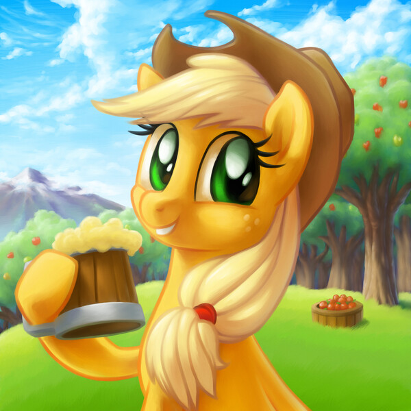 Size: 2600x2600 | Tagged: apple, applejack, artist:verulence, cider, derpibooru import, safe, smiling, solo