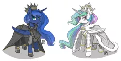 Size: 900x454 | Tagged: alternate hairstyle, artist:radioactive-k, cape, chess, clothes, crown, derpibooru import, frown, king, outfit, princess celestia, princess luna, safe, smiling, smirk