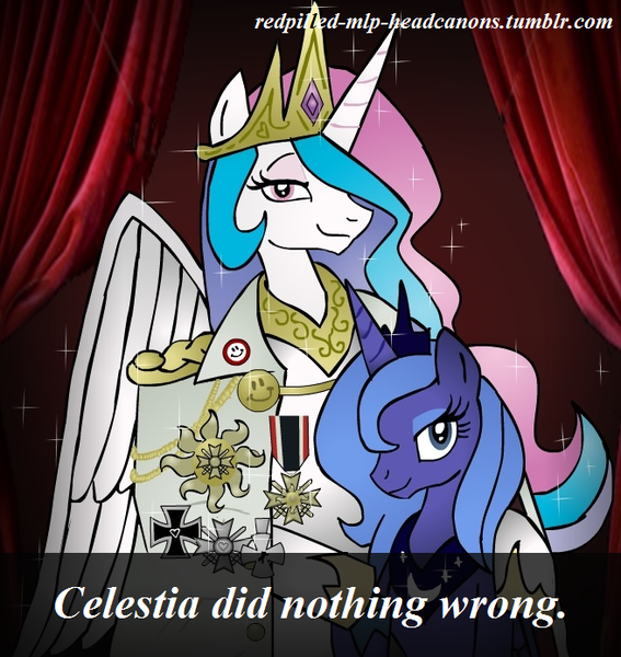 Size: 656x694 | Tagged: altbrony, clothes, derpibooru import, greatcoat, headcanon, hitler did nothing wrong, iron cross, /mlpol/, princess celestia, princess luna, redpilled-mlp-headcanons, s1 luna, safe, smiling, sparkles